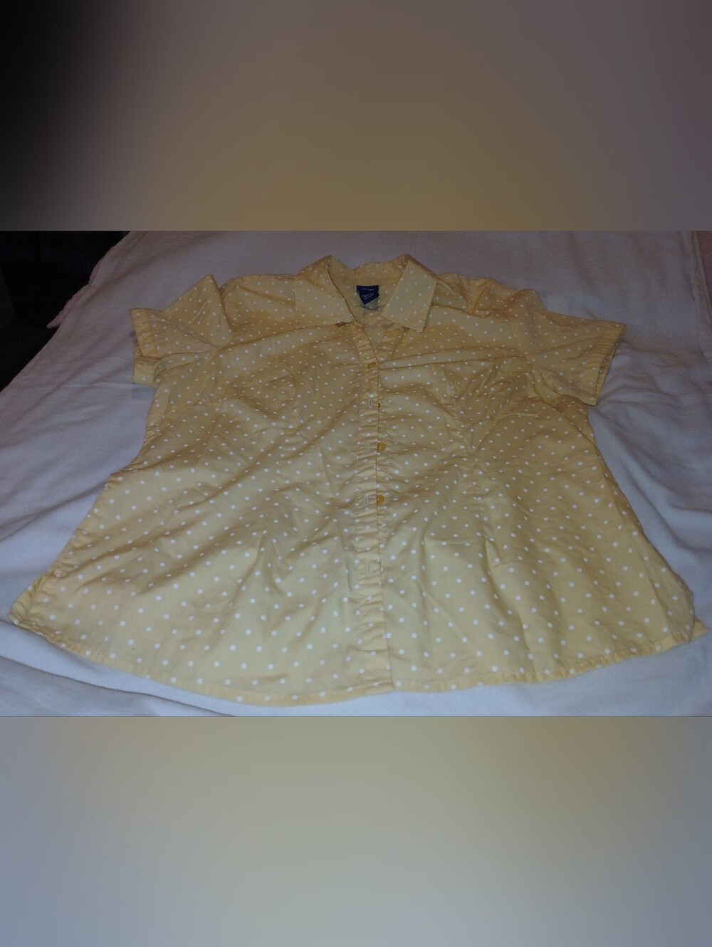 NWOT Women's Yellow Polka Dot Short Sleeve Button-Up Top.